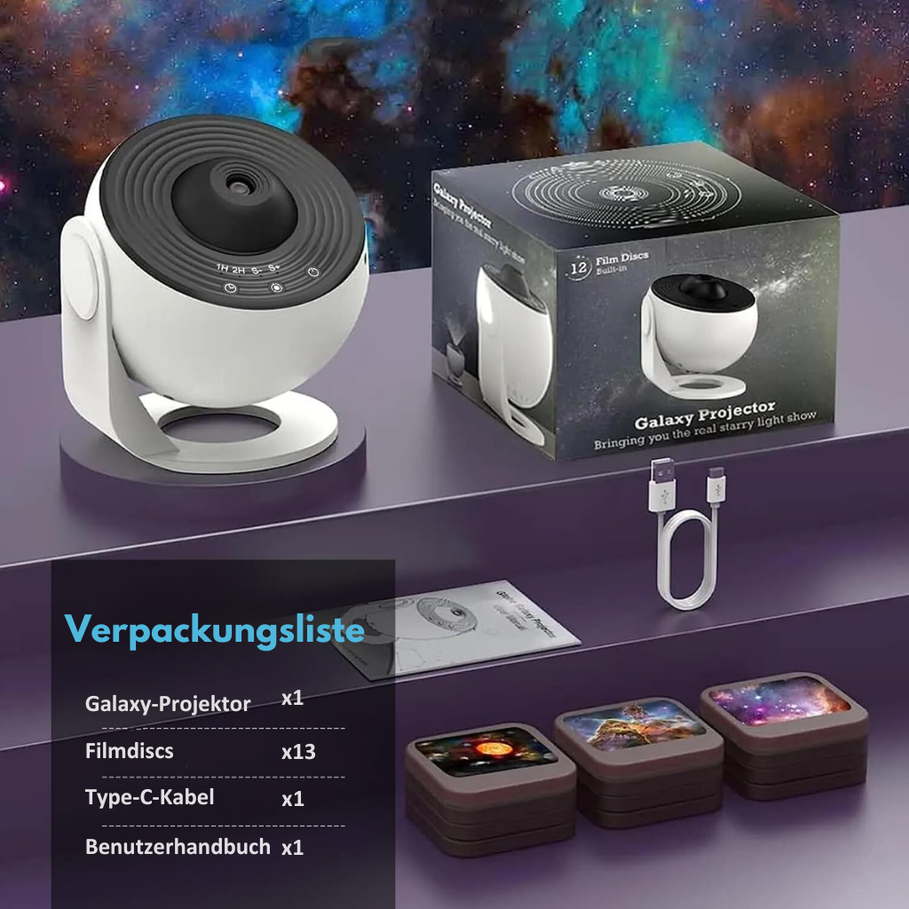 GalaxySky projektor med HD stjernehimmel, oplyst rum med lysende galaksemønstre, ideel til afslapning derhjemme.