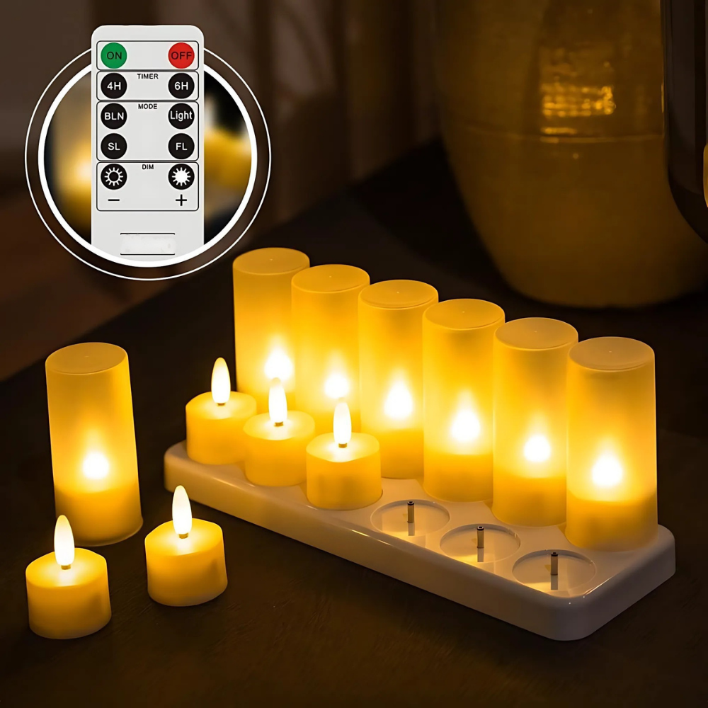 Genopladelige LED fyrfadslys med fjernbetjening til nem og stemningsfuld hyggebelysning i hjemmet.