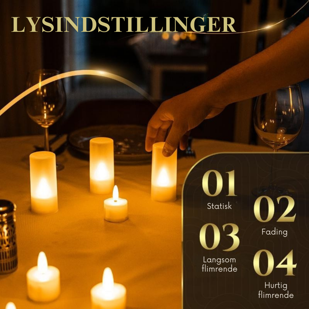 Flammeløse LED fyrfadslys, genopladelige og fjernbetjente, giver sikker og hyggelig belysning uden brandfare.