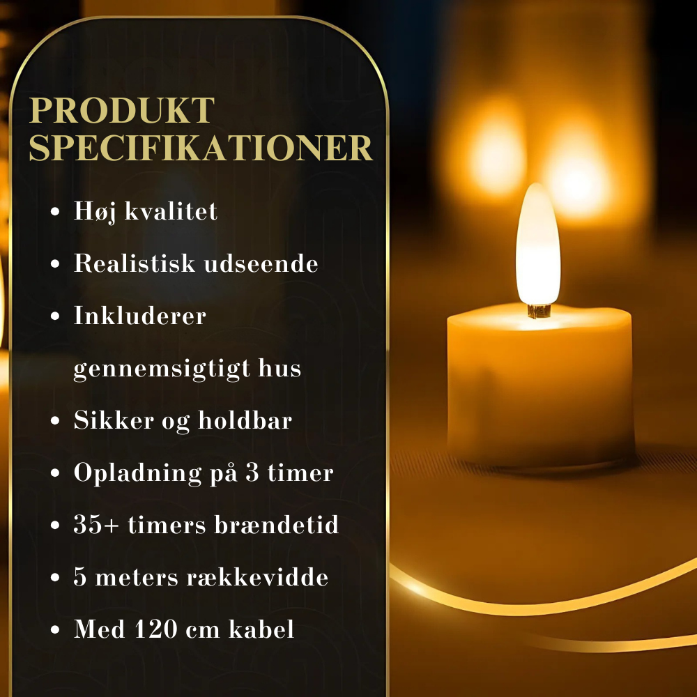 Detaljeret billede af genopladeligt LED fyrfadslys, der simulerer en varm, flakkende flamme for hygge.