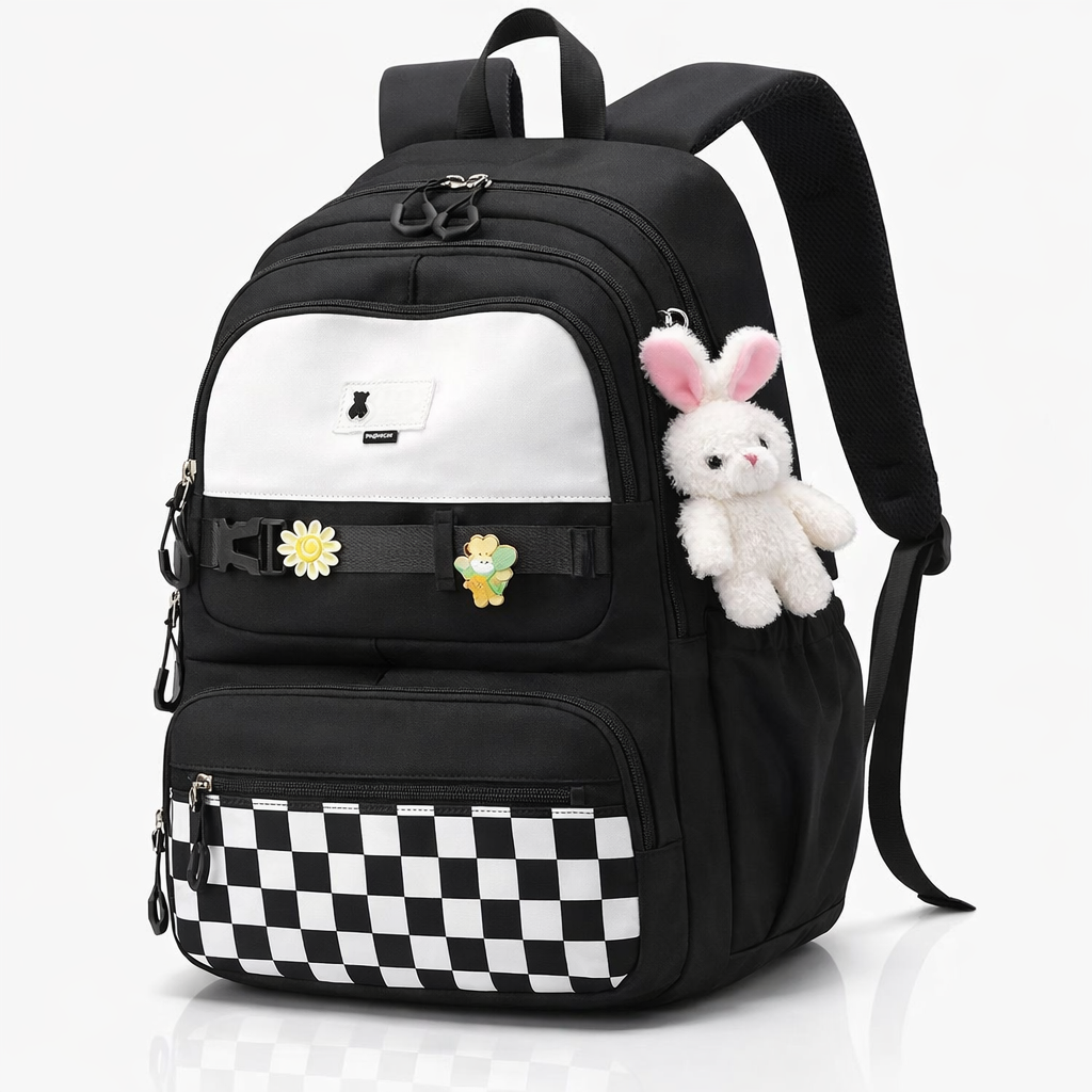 Sort unisex skoletaske/rygsæk med polstret laptoprum. Ideel til studier, skole og hverdag.