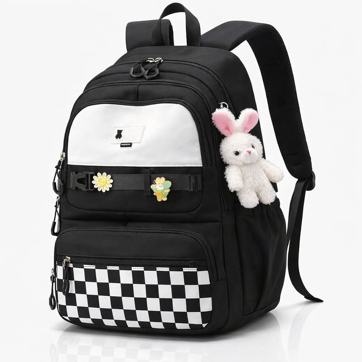 Sort unisex skoletaske/rygsæk med polstret laptoprum. Ideel til studier, skole og hverdag.