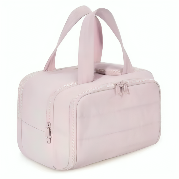Åben GlideNest toilettaske. Organiseret indhold med rum til makeup pung, kosmetik og rejse tilbehør.