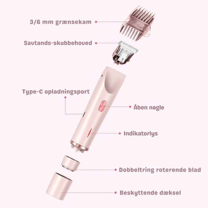 Præcis GlowEdge intimtrimmer giver glat hud uden irritation. Bærbar og batteridrevet for sikker brug.