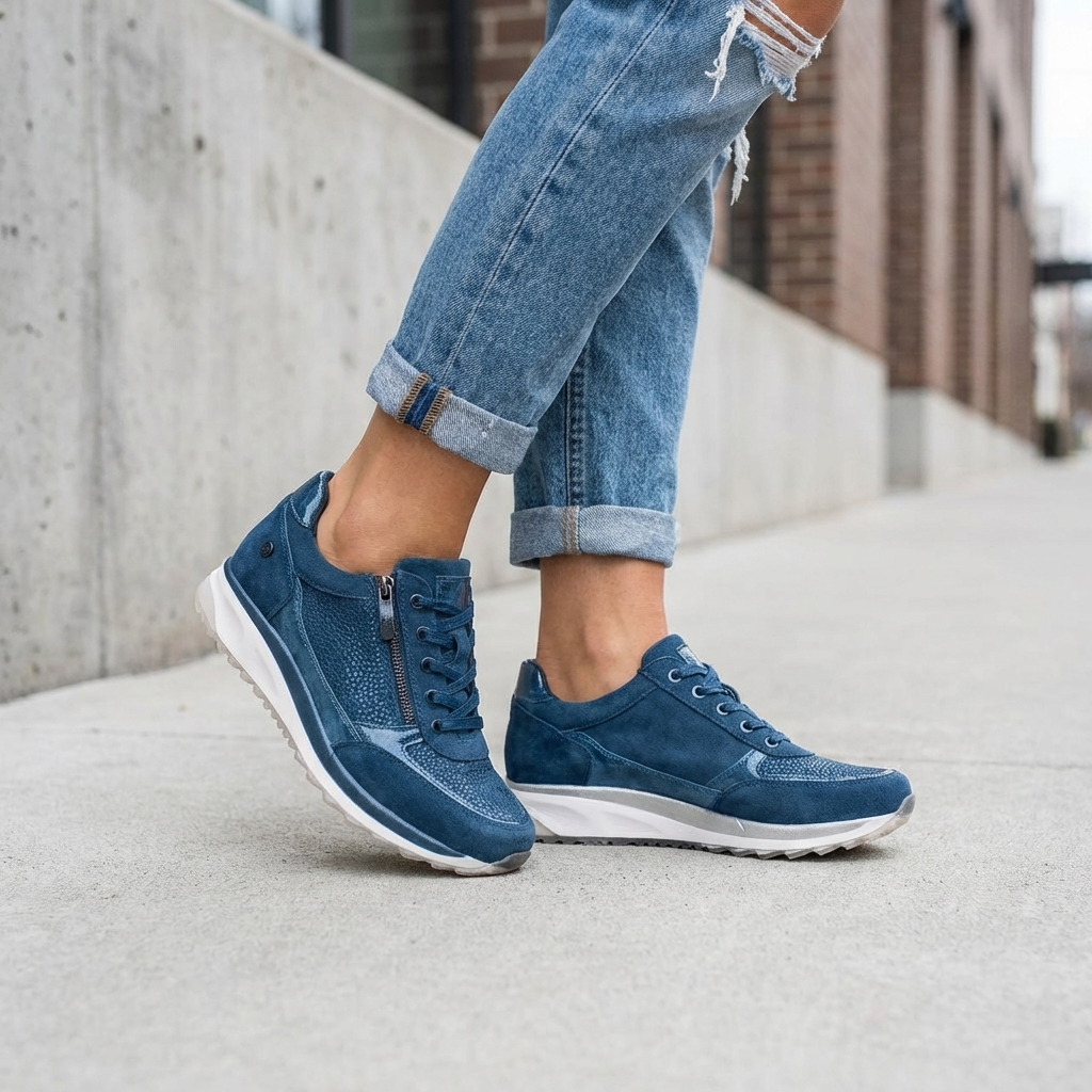 Blå kvinde sneakers med lynlås og snørebånd. Stødabsorberende fritidssko for åndbar komfort hele dagen.