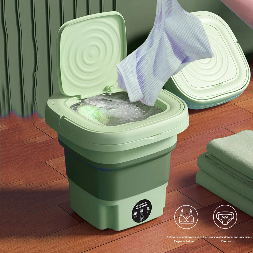 Lilla kompakt minivaskemaskine 8L til tøjvask. Sammenklappelig med centrifugering, perfekt til camping.