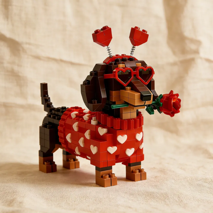 Gravhund byggesæt i plastklodser, perfekt som Valentinsdag gave og kærlig dekoration.