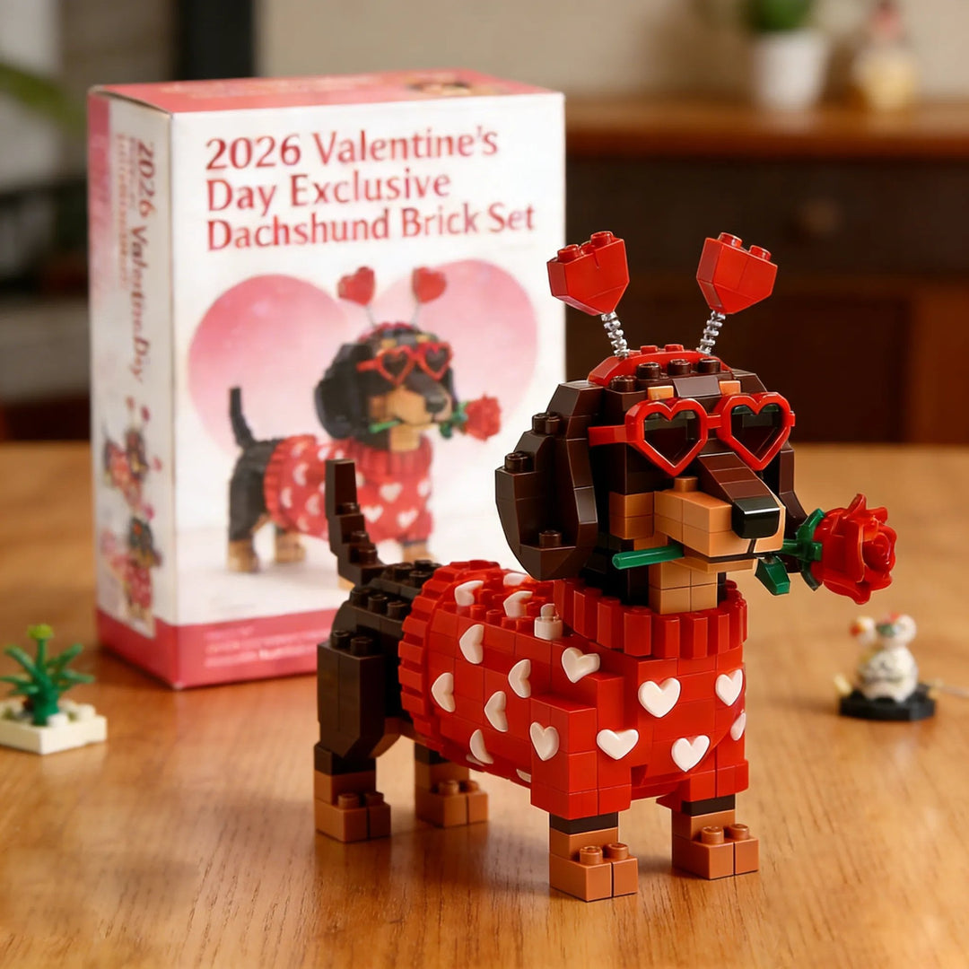 Rød gravhund af plastklodser, et kreativt byggesæt og kærlig Valentinsdag dekoration.
