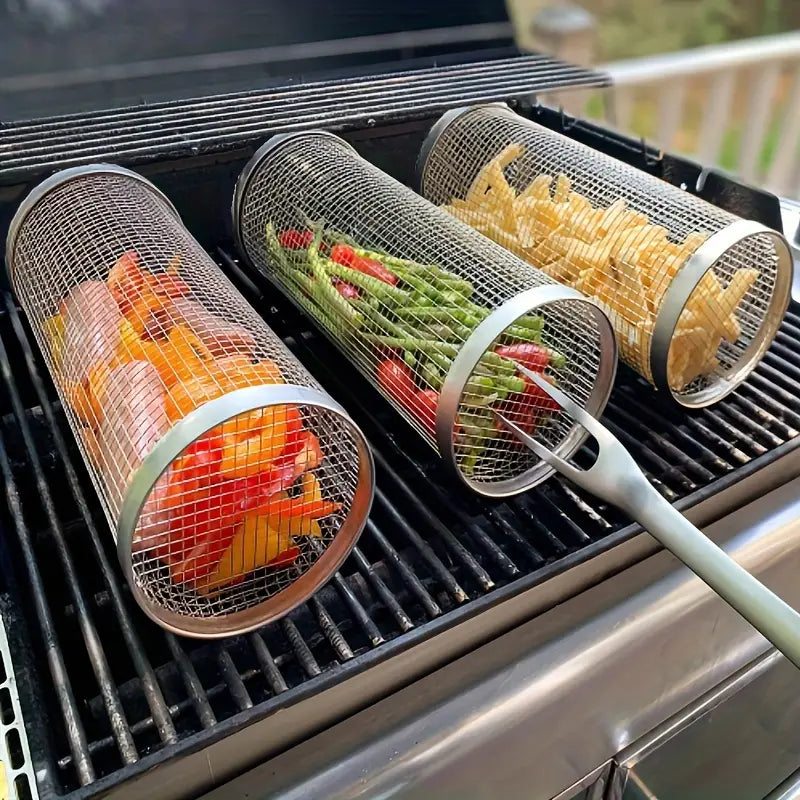 GrillMaster BBQ grillkurvesæt i rustfrit stål til udendørsgrill af grøntsager, kød og fisk.