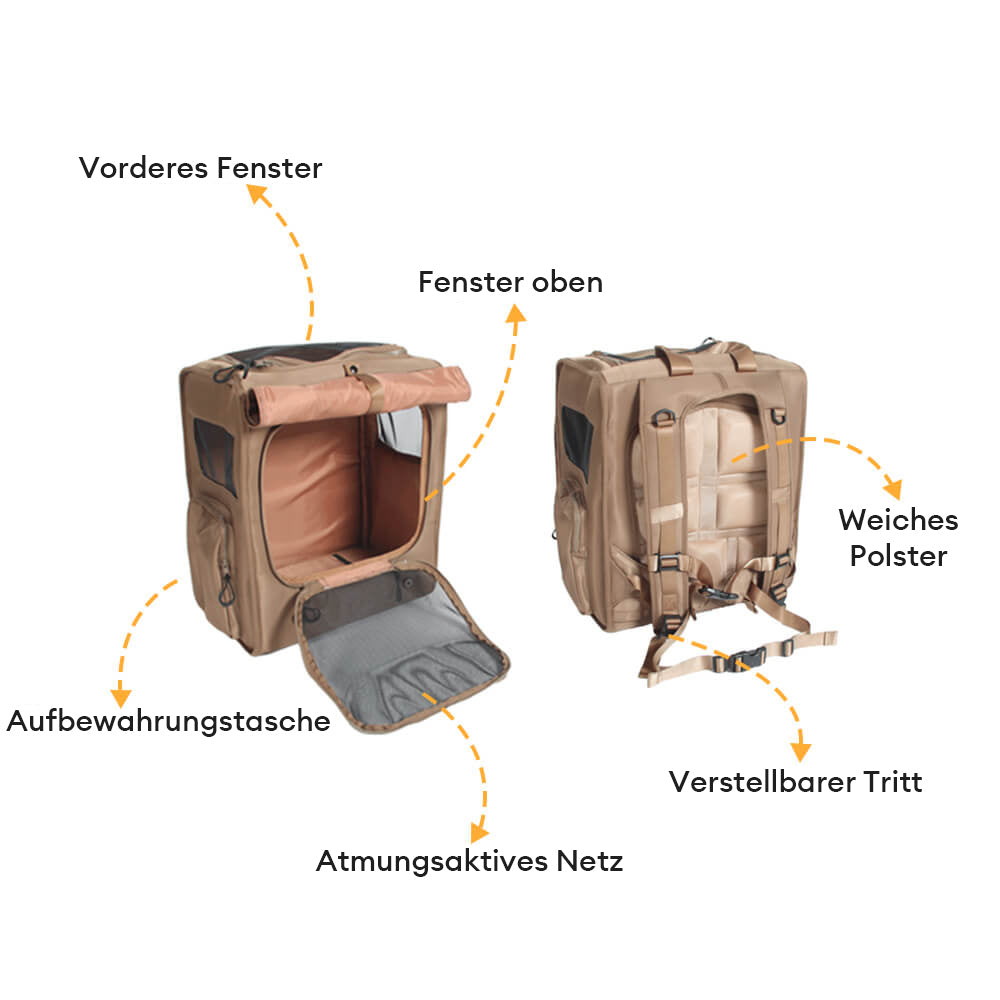 Stor, åndbar rejserygsæk til kæledyr lavet af vandtæt materiale, med ergonomiske stropper og mesh-design.