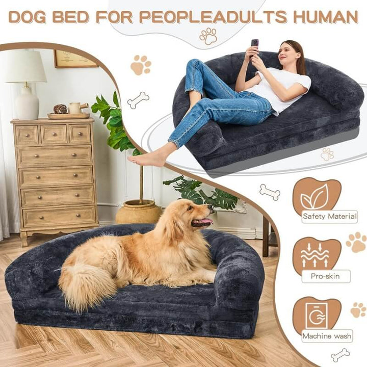 "Großes orthopädisches Mensch-Hund-Bett in flauschigem Beige mit weichen Nackenrollen für maximalen Komfort und Unterstützung
