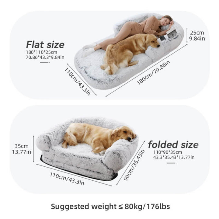 "Großes orthopädisches Mensch-Hund-Bett in flauschigem Beige mit weichen Nackenrollen für maximalen Komfort und Unterstützung