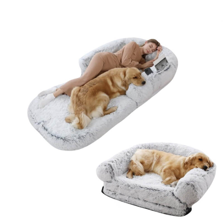 "Großes orthopädisches Mensch-Hund-Bett in flauschigem Beige mit weichen Nackenrollen für maximalen Komfort und Unterstützung