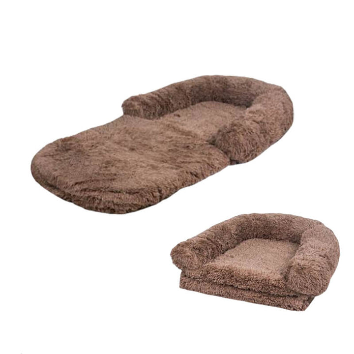"Großes orthopädisches Mensch-Hund-Bett in flauschigem Beige mit weichen Nackenrollen für maximalen Komfort und Unterstützung