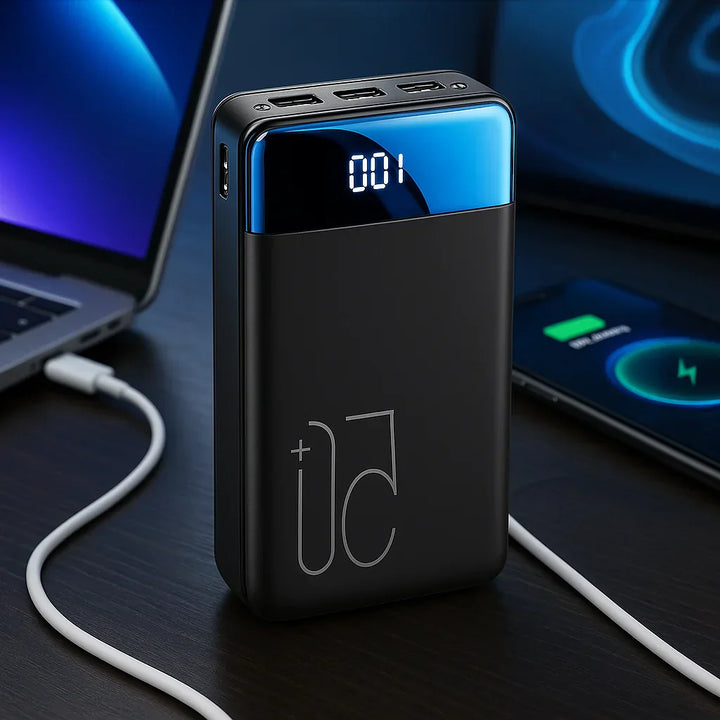 Højkapacitets powerbank i sort til hurtig opladning af mobil og tablet på farten.