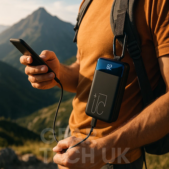 Bærbar powerbank til rejsebrug. Hvid, 50000mAh mobiloplader med hurtigopladning.