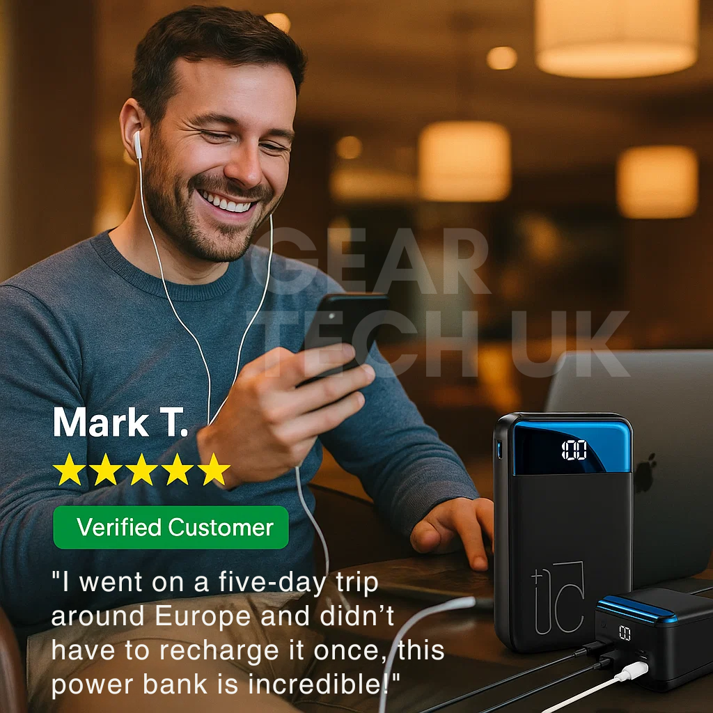 Sort, universel powerbank med høj kapacitet til superhurtig mobil- og gadgetopladning.