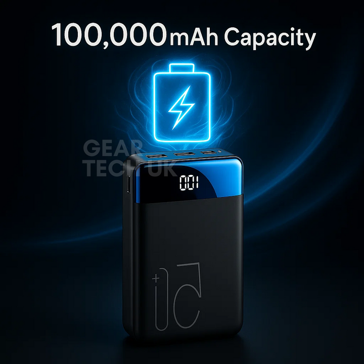 Bærbar 50000mAh mobiloplader i hvid til effektiv og hurtig opladning på farten.