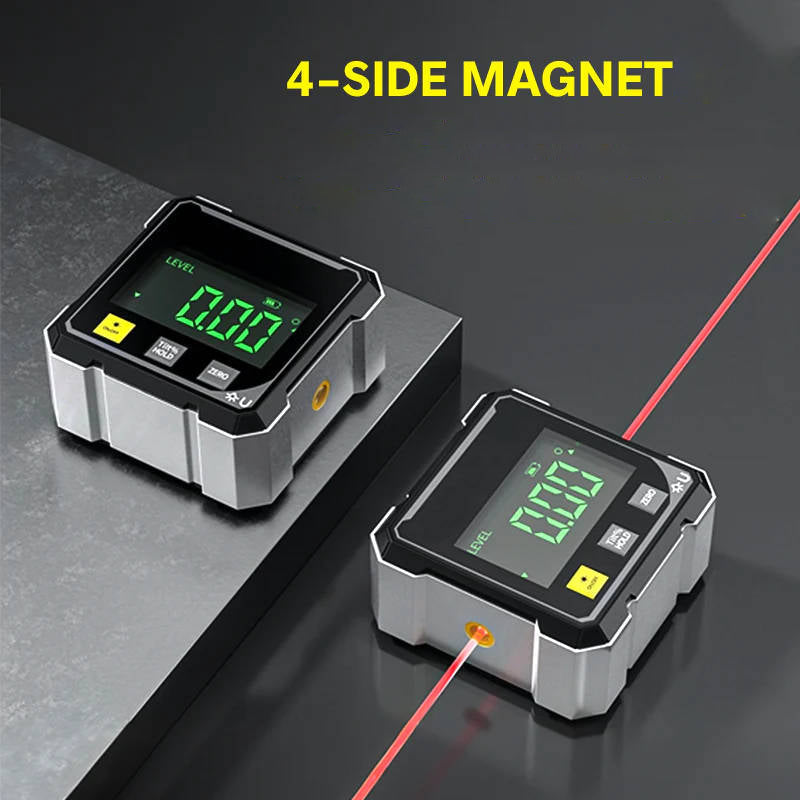 Digital vinkelmåler med magnetisk base, der sikrer stabil placering på metaloverflader under måling.