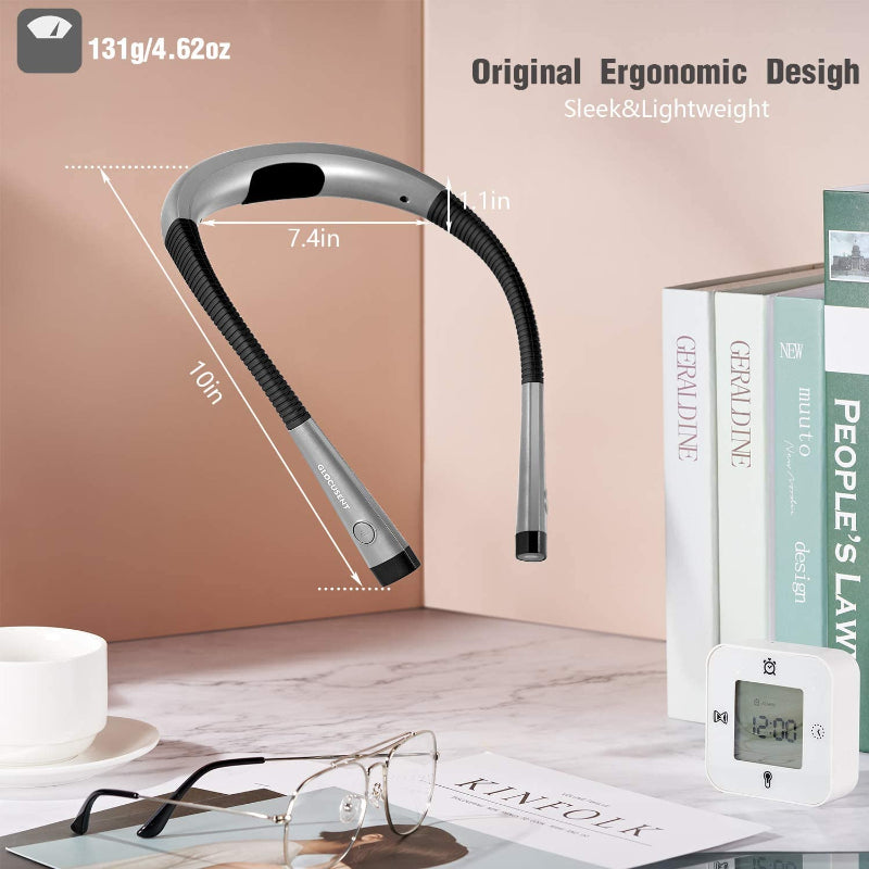Ergonomisk designet håndfri læselampe til halsen, med bløde arme og behageligt LED-lys.