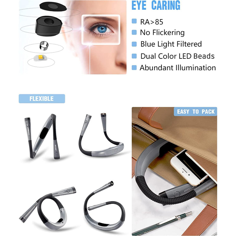 Justerbar LED-halslampe med skarpt, men behageligt lys, ideel til detaljeret arbejde og læsning.