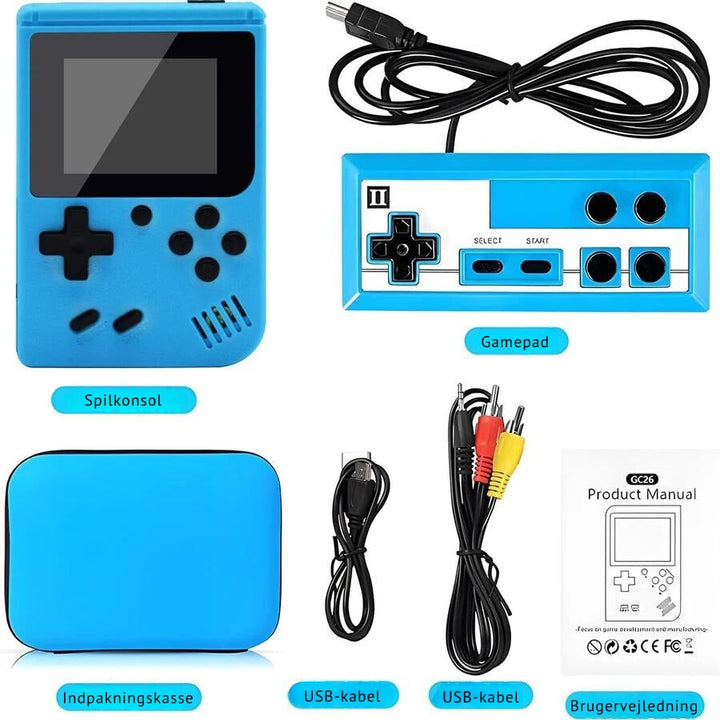 Bærbar retro gaming konsol, perfekt til underholdning på farten. Inkluderer mange klassiske børnespil.