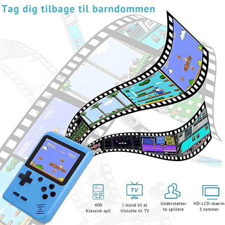 Kompakt retro spilkonsol med klassiske spil, giver bærbar underholdning og en nostalgisk gaming oplevelse.