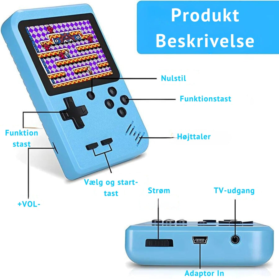 Farverig retro spilkonsol, håndholdt og fyldt med klassiske spil. Timevis af gaming glæde for hele familien.