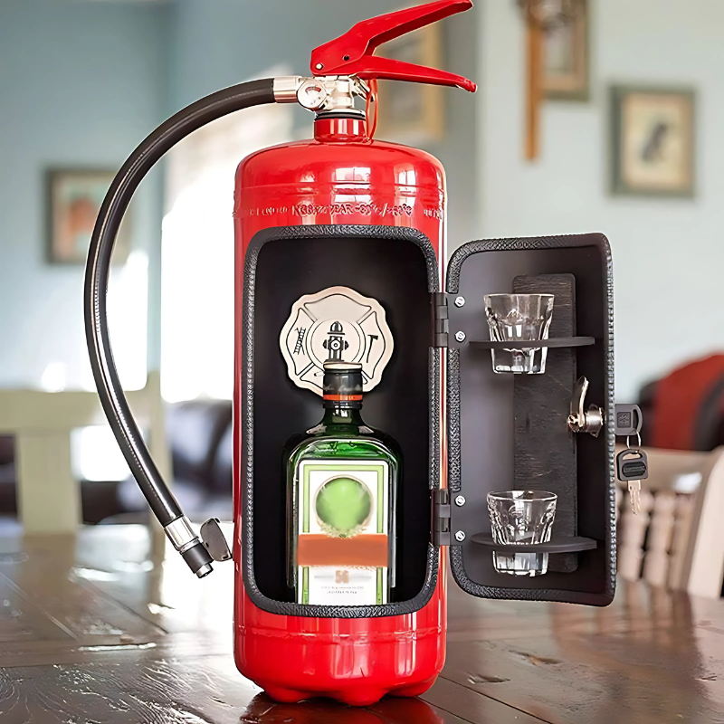 Håndlavet Firebar minibar af genanvendt brandslukker. Unik gaveidé til mænd og industriel boligindretning.