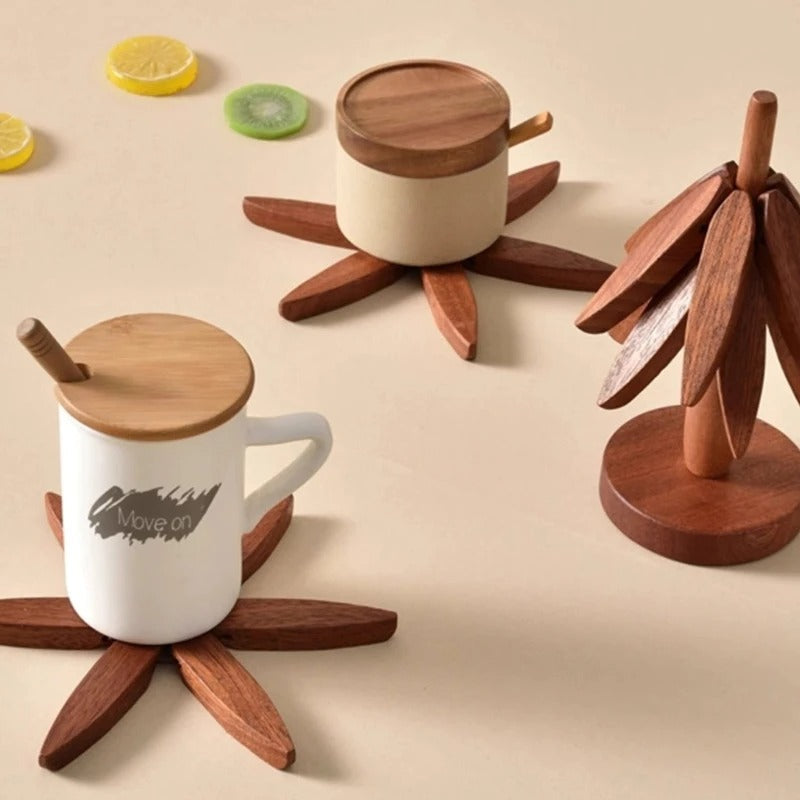 Robust håndlavet træ grydeunderlag & coasters. Holdbart køkkenudstyr og elegant til din spisestue.