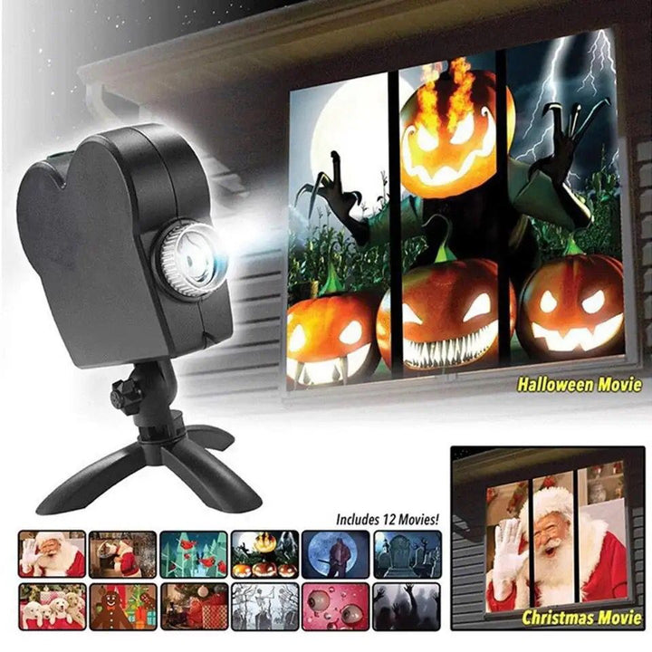 Halloween projektor der viser uhyggelige spøgelser på vindue, perfekt til skræmmende indendørs vinduesdekoration.