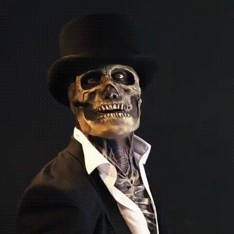Halloween skeletmaske, realistisk og skræmmende, mod en mørk baggrund, perfekt til fester, lavet af blød latex.