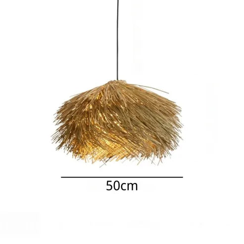 Håndlavet pendel lampe i vintage stil af rattan, med sort jern baldakin, til stuen eller spisebordet.