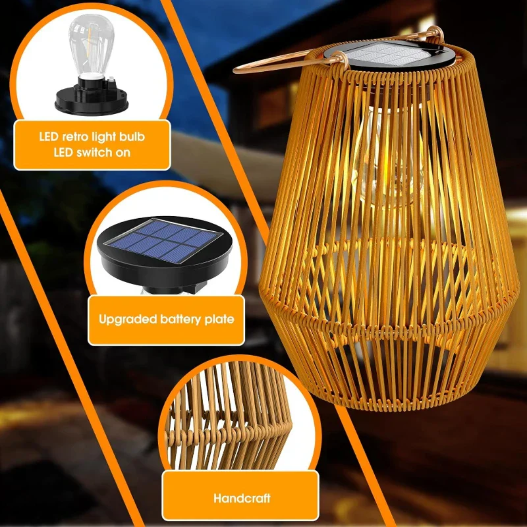 Håndlavet solar havelanterne af rattan, LED, vandtæt, ideel til terrasse og altan, stilfuldt design.