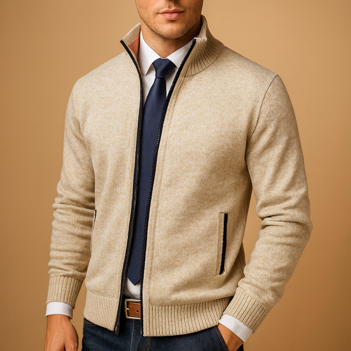 Herre klassisk lynlås cardigan sweater i strik. Perfekt til smart casual herretøj og alsidig overgangsjakke.