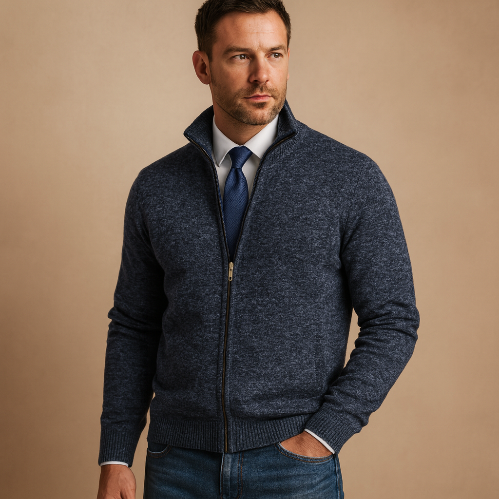 Tidløs herre cardigan med lynlås i klassisk strikdesign. Ideel for et smart casual look og elegant herremode.