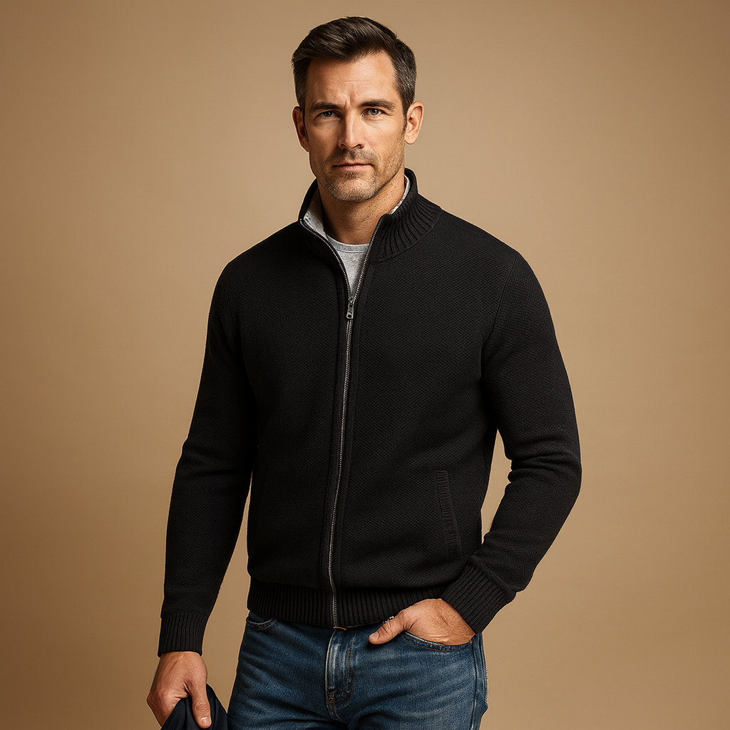 Behagelig herre strik cardigan med lynlås. Blød og varm strik for smart casual look, perfekt som overgangsjakke.