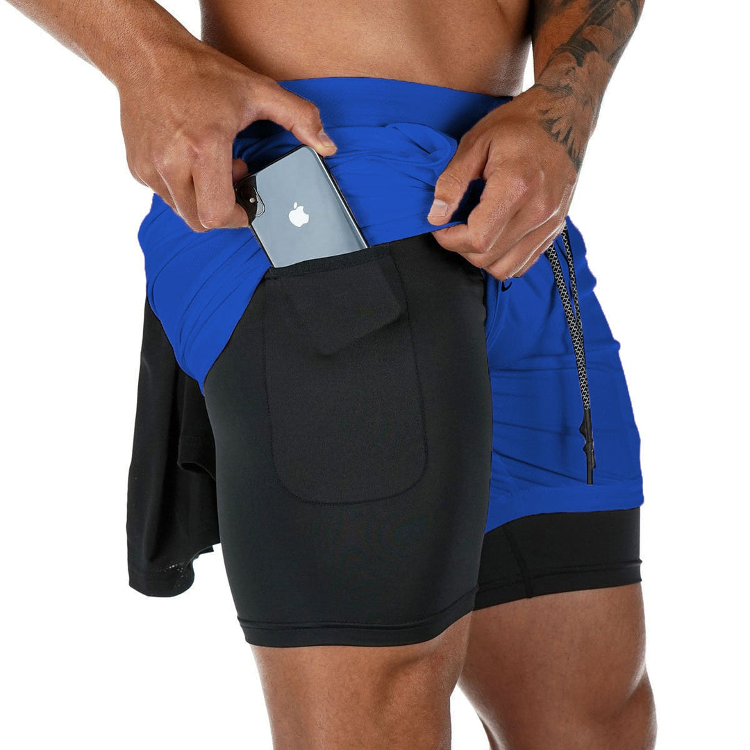 Komfortable herre 2-i-1 løbeshorts med indvendige tights og praktisk, sikker mobillomme til sport.
