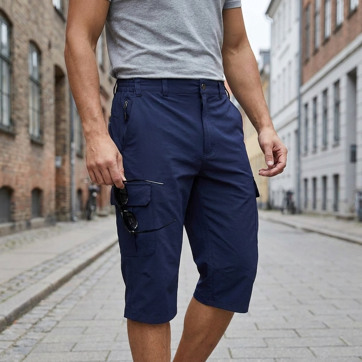 Grå herre cargo shorts med praktiske sidelommer, ideelle til sommerens fritidsaktiviteter og rejser.