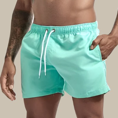 Turkise badeshorts til mænd, hurtigtørrende, elastisk linning, klassisk design; perfekt til sommeraktiviteter.