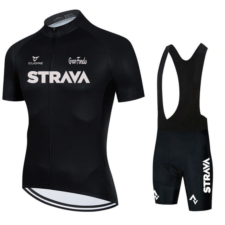 Herre cykeltøj sæt, åndbar trøje og bib-shorts, moderne design i sort med ergonomisk pasform