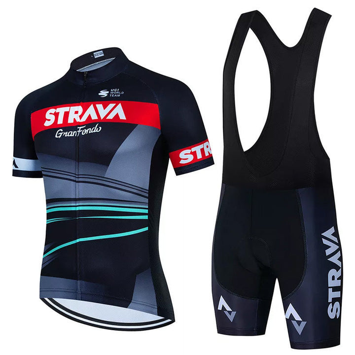 Herre cykeltøj sæt, åndbar trøje og bib-shorts, moderne design i sort med ergonomisk pasform