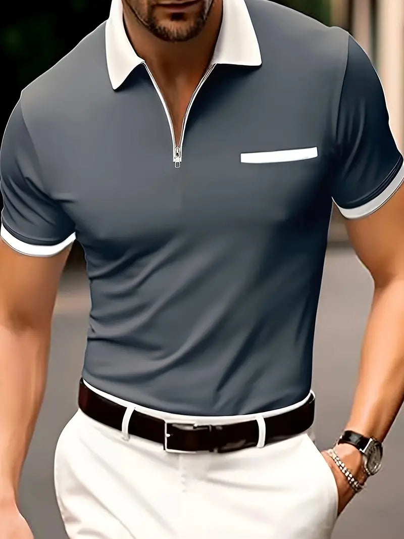 Herre golfpolo med V-hals, åndbart materiale, stilfuld og komfortabel, perfekt pasform til golfspillere.