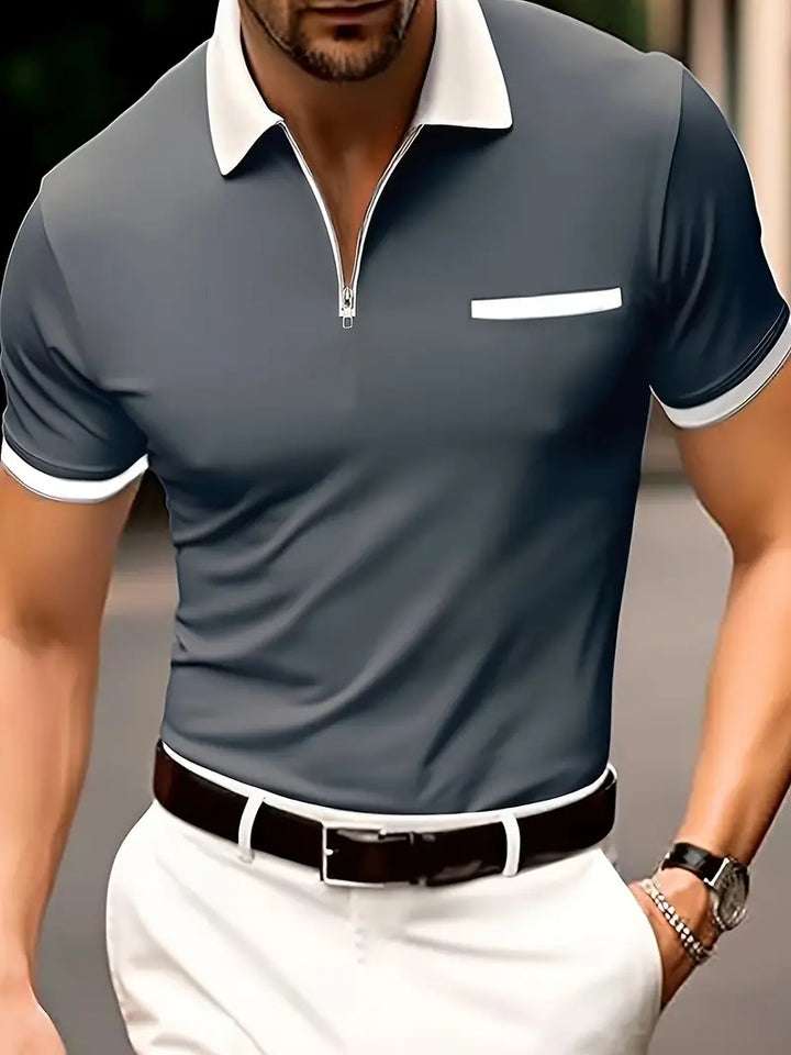Herre golfpolo med V-hals, åndbart materiale, stilfuld og komfortabel, perfekt pasform til golfspillere.