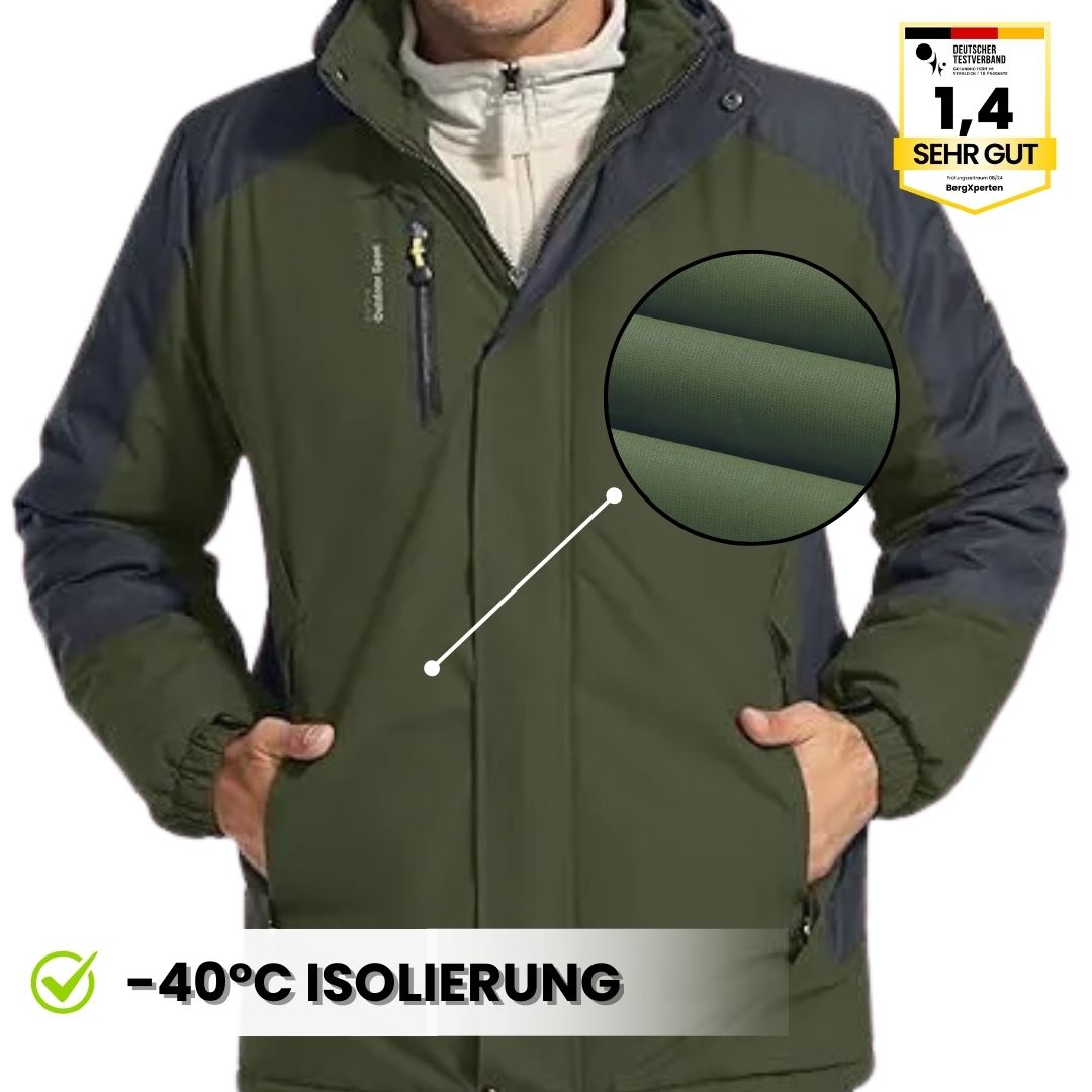 Herre outdoorjakke, vandtæt, varmtforet, med hætte, color-block design, ideel til camping og vandreture