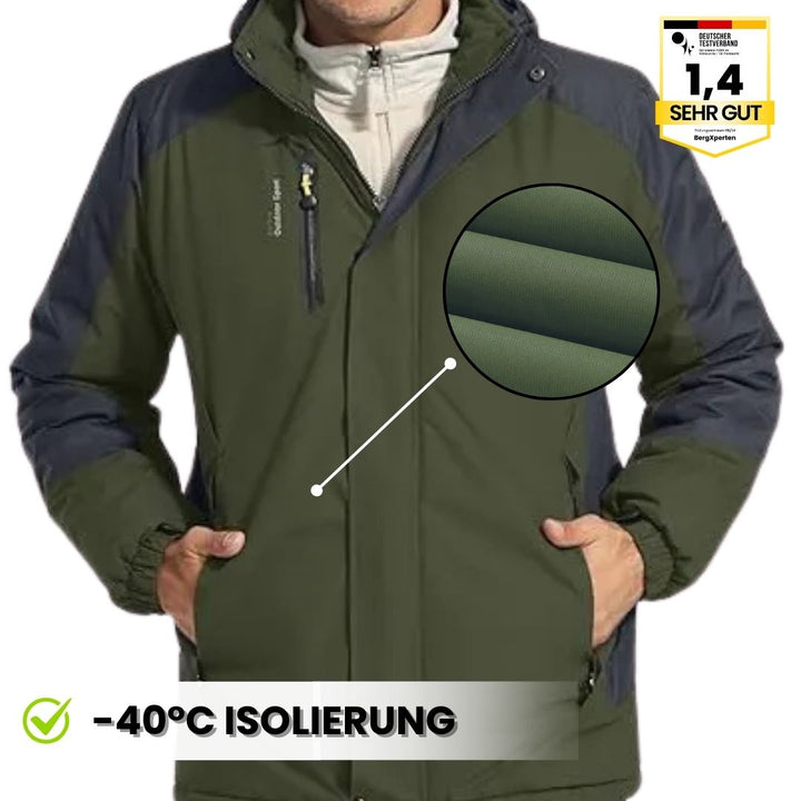 Herre outdoorjakke, vandtæt, varmtforet, med hætte, color-block design, ideel til camping og vandreture