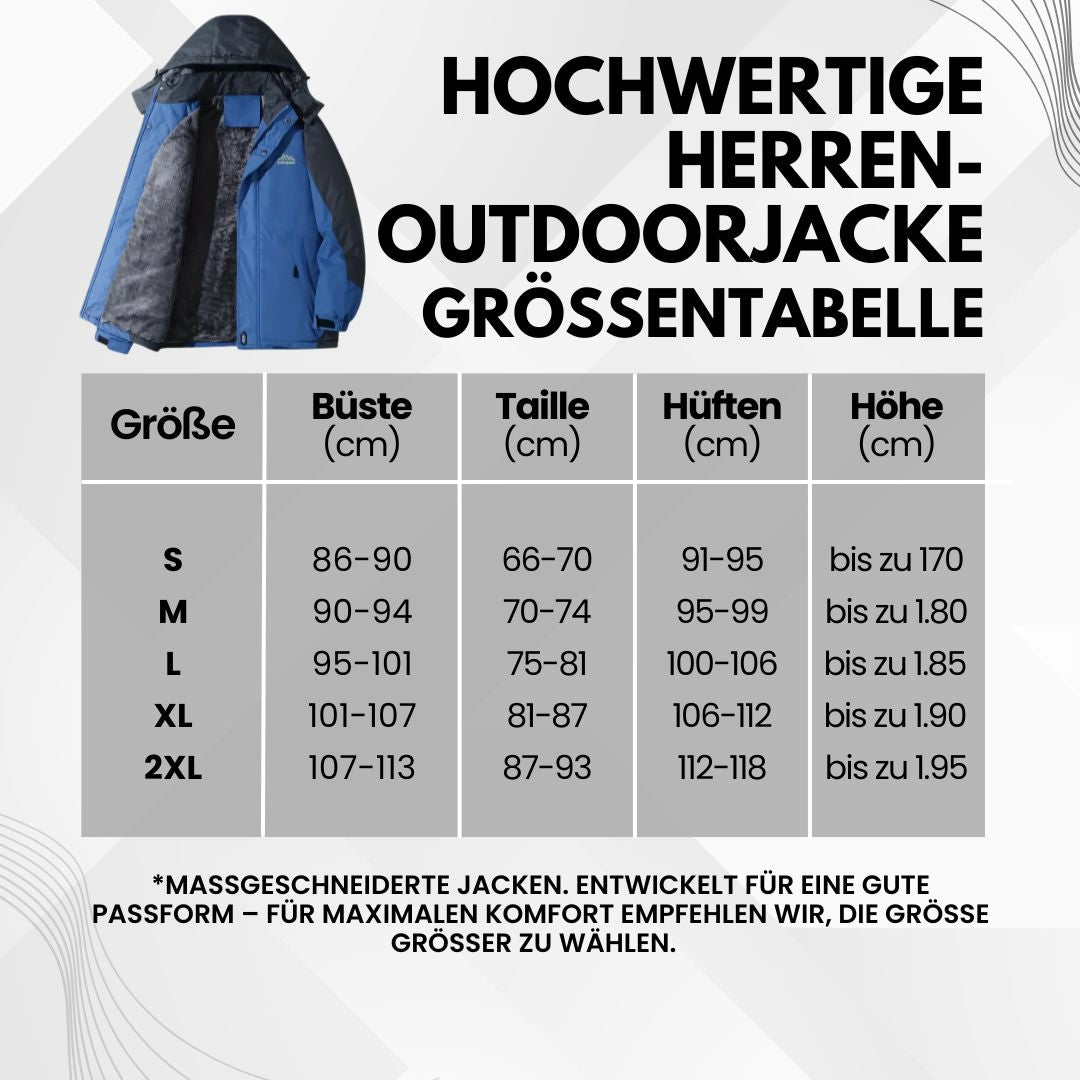 Herre outdoorjakke, vandtæt, varmtforet, med hætte, color-block design, ideel til camping og vandreture