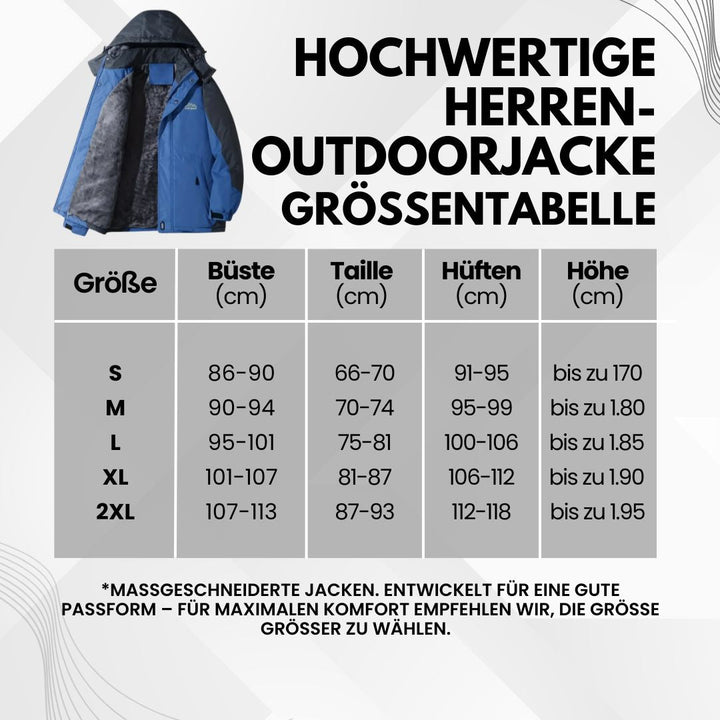 Herre outdoorjakke, vandtæt, varmtforet, med hætte, color-block design, ideel til camping og vandreture