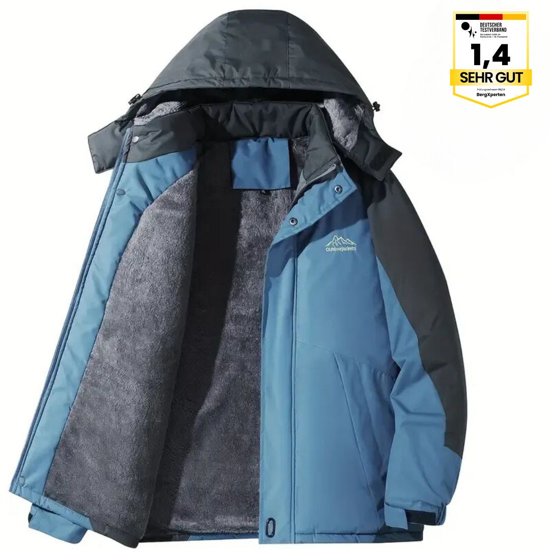 Herre outdoorjakke, vandtæt, varmtforet, med hætte, color-block design, ideel til camping og vandreture