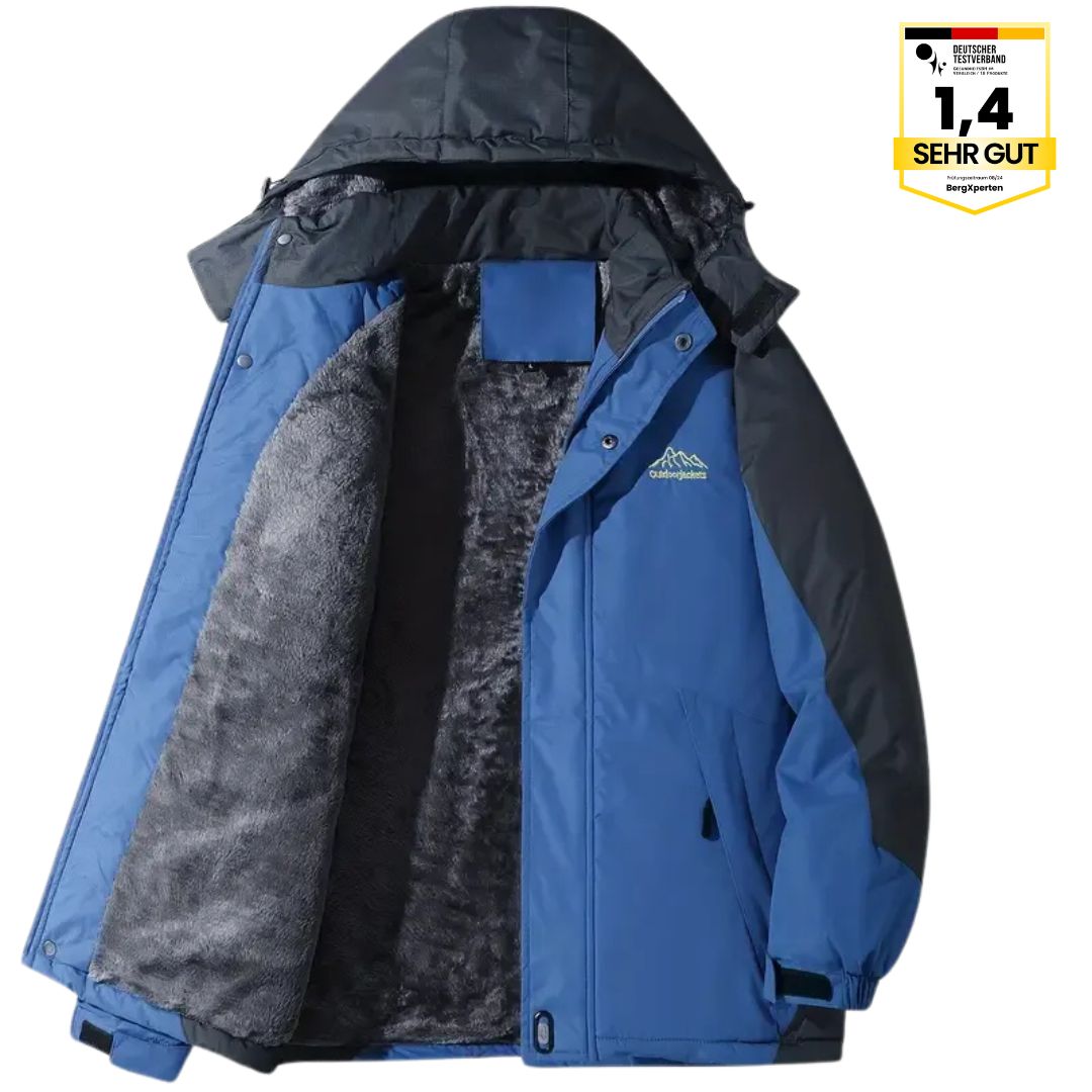 Herre outdoorjakke, vandtæt, varmtforet, med hætte, color-block design, ideel til camping og vandreture